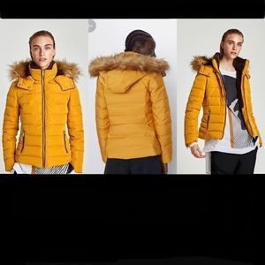ZARA Puffer Jacket with faux Shearling, Warm Yellow - Sz. L   ❗️NWOT❗️